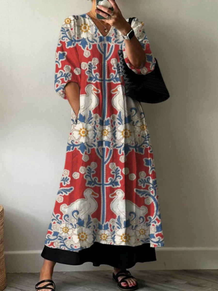 Women's Vintage Lovely Floral Duck Art Print Pocket V-neck Cotton Dress