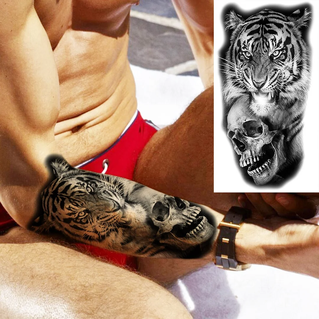 Sdrawing Realistic Black Devil Temporary Tattoos For Men Adult Tiger Pirate Skeleton Vampire Fake Tattoo Forearm Scary Tatoo Joker