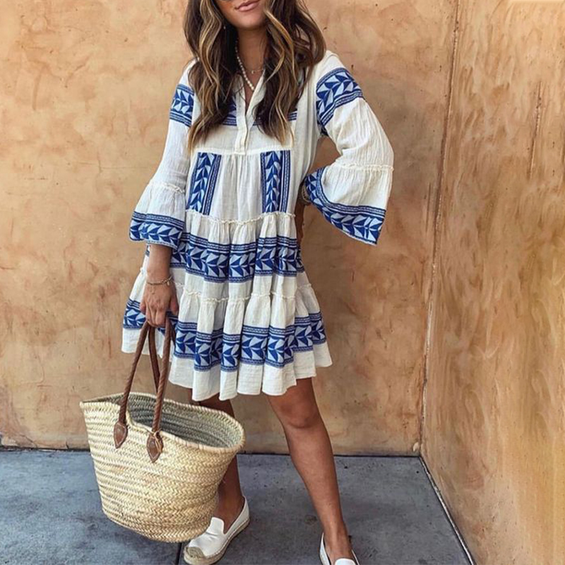 Boho Vacation V-neck Print Mini Dress wearshes