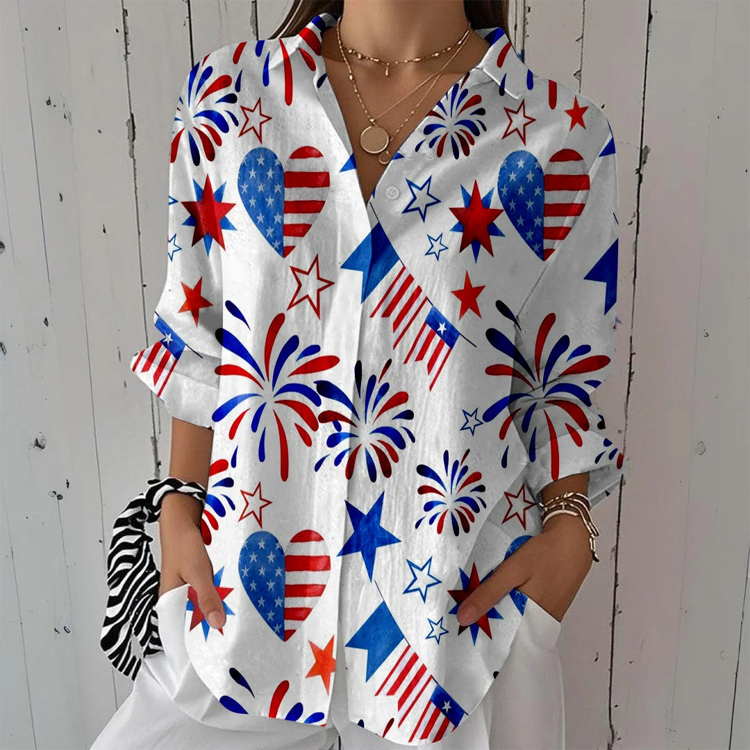 Style & Comfort for Mature Women Women  Independence Day, Star, Striped, Blue, Red DZCL0222 3/4 Sleeve Shirt Collar Printed Button Tops