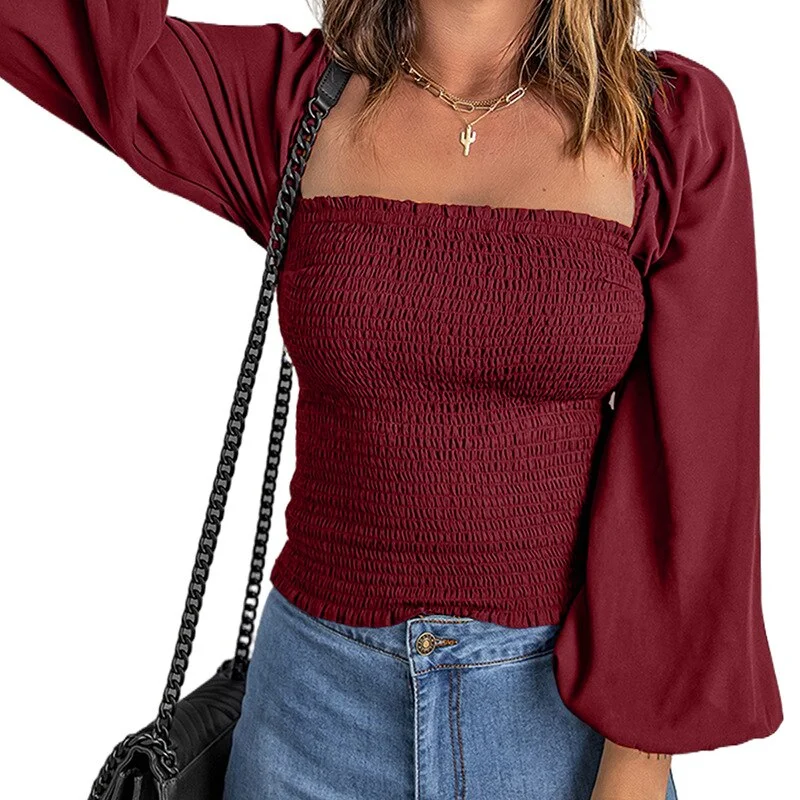 Off Shoulder Cropped Corset Blouse Solid Pleated Blouse