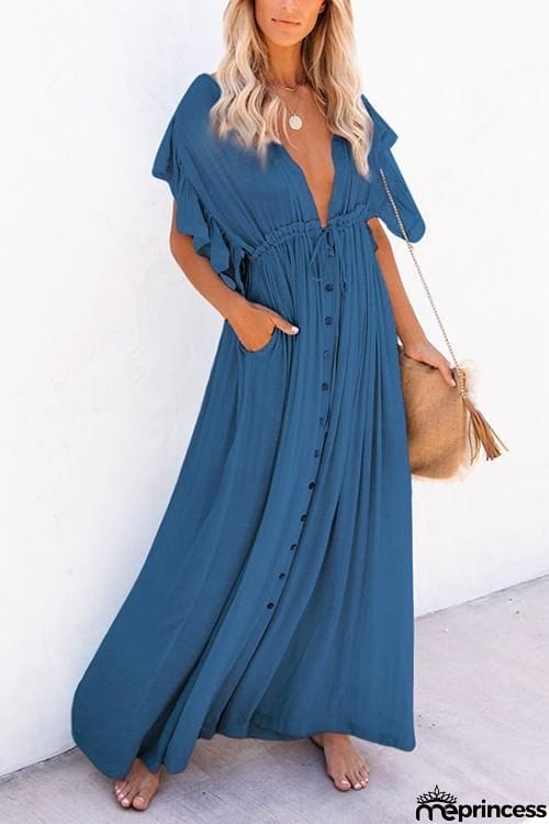 Button Drawstring Waist Bat Maxi Cover Dress