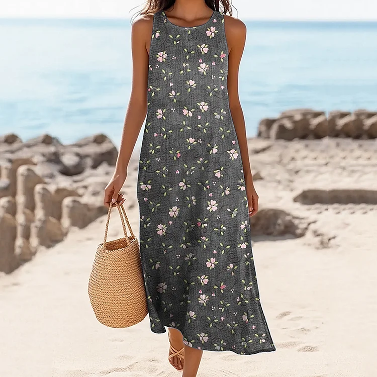 Simpfit Ärmelloses Vintage-Kleid mit Blumenmuster für Damen