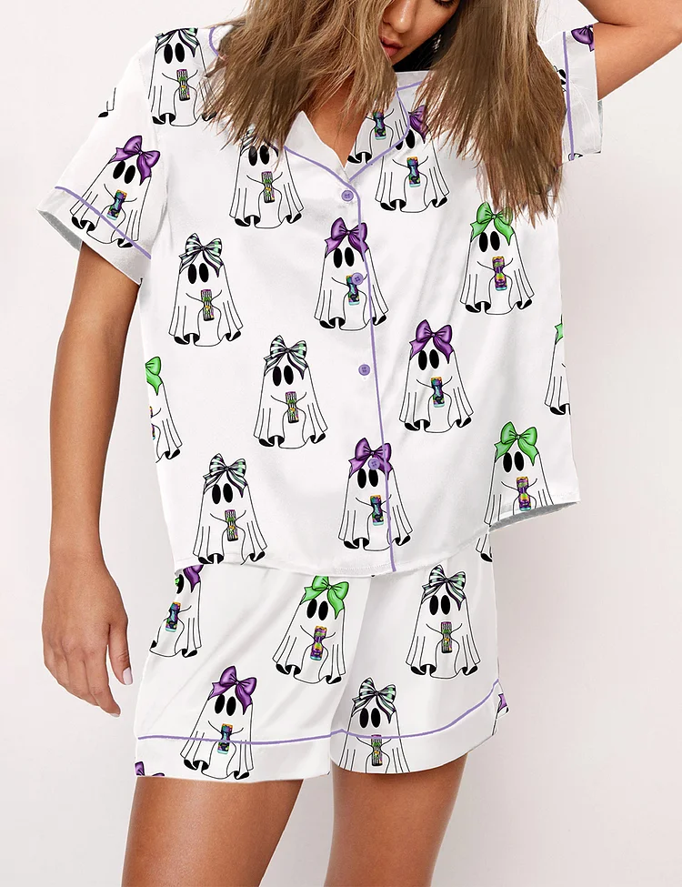Women’s Alani Witches Brew Ghost Halloween Drink Short Sleeve Satin Pajama Set