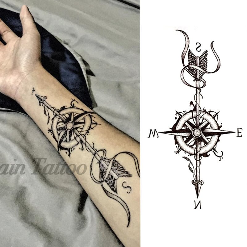 1 Pieces Compass Arrows Hot Black White Large Flower Henna Temporary Tattoo Black Mehndi Style Waterproof Tattoo Sticker