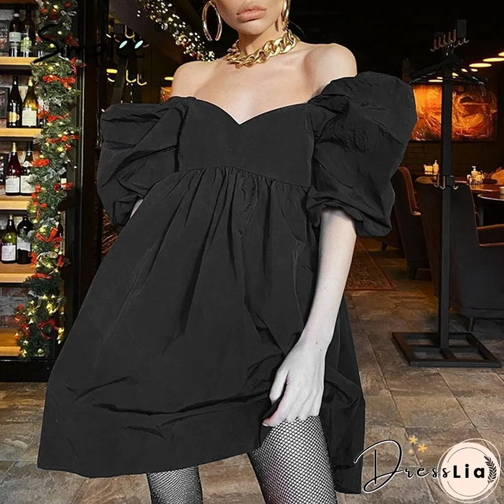 Cotton V-Neck Loose Lantern Sleeve Mini Dress Fashion Blue Summer Women A-Line Solid Retro
