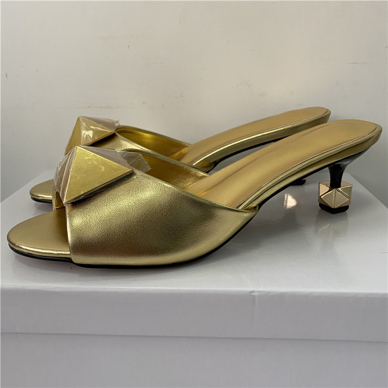 Unique Metal Kitten Heel Mules For Girls Genuine Leather Slingbacks Big Rivet Buckle Decor Sandals Women