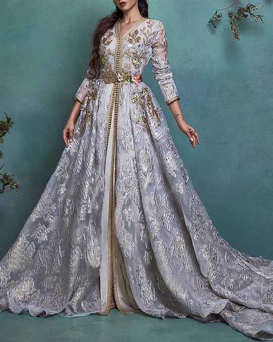 Long gold embroidered waist dress