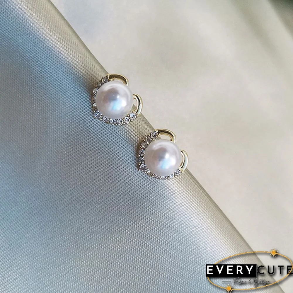 Trendy Fashion Women's S925 Silver Exquisite Pearl Heart-shaped Diamond Crystal Earrings Prevent allergy Jewelry