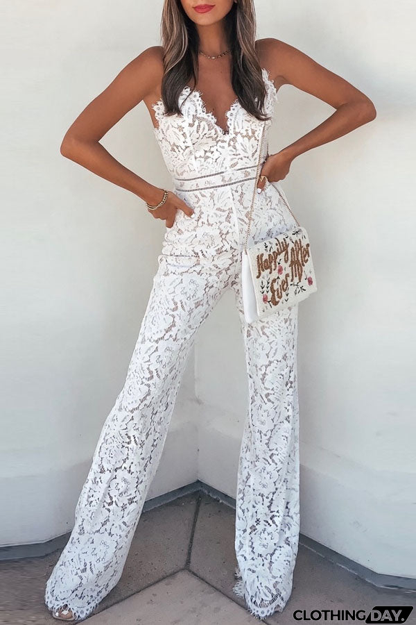 Fashion Street Solid Patchwork Backless V Neck Straight Jumpsuits(3 Colors)