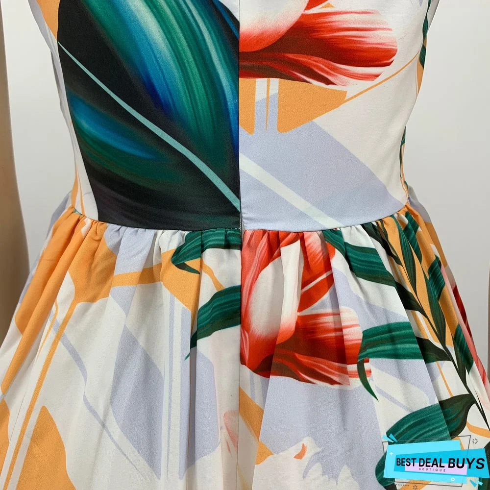 Fashion Strap Print Beach Dress White Dresses