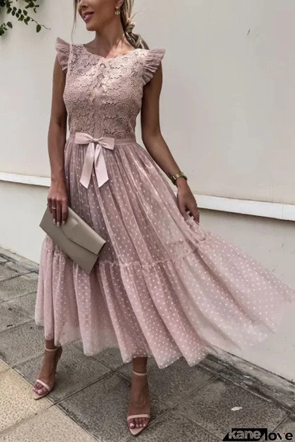 Fashion Solid Color Lace Mesh Panel Dress