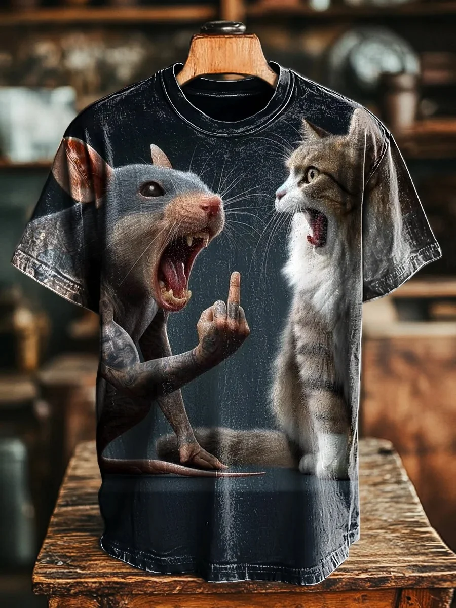 Eagerlys  Unisex Fun Cat and Mouse Art Print T-shirt Eagerlys