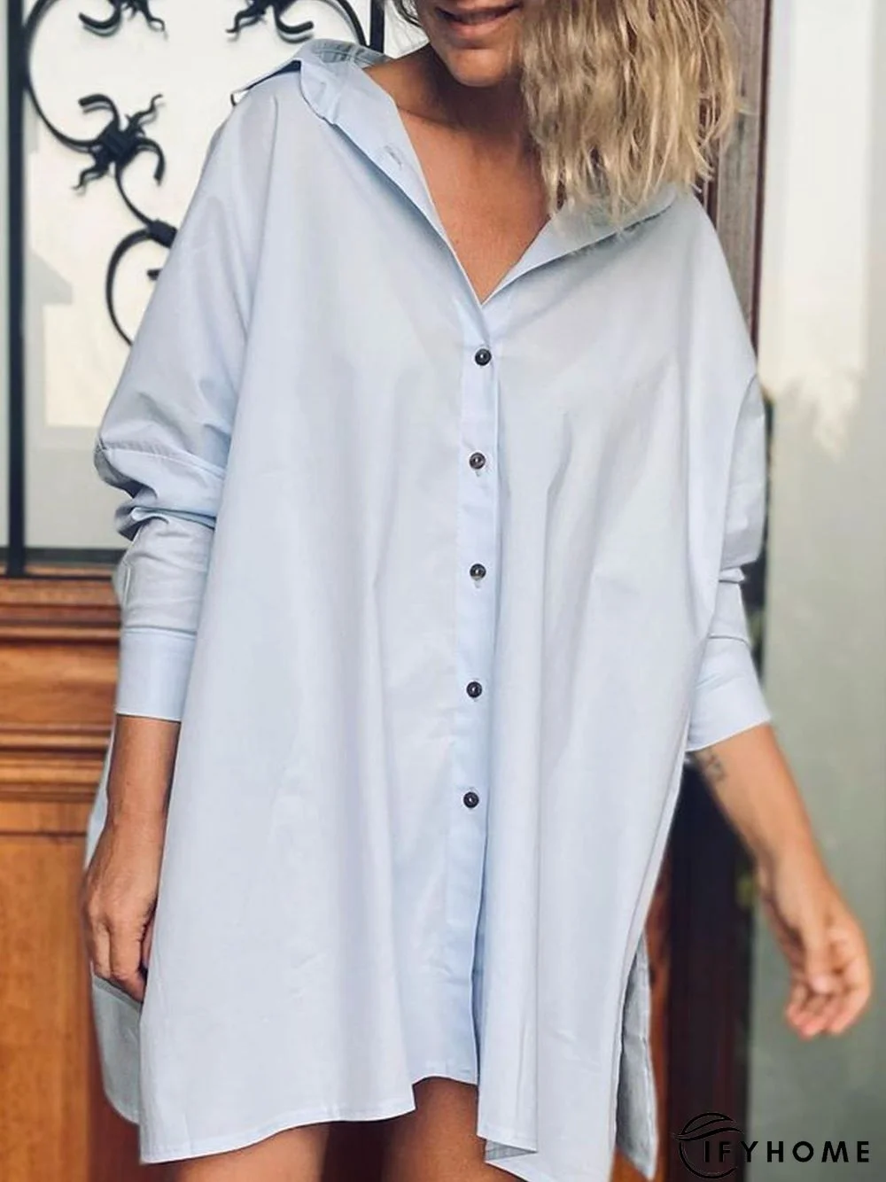 Cotton-Blend Shirt Collar Long Sleeve Tunic Blouse | IFYHOME