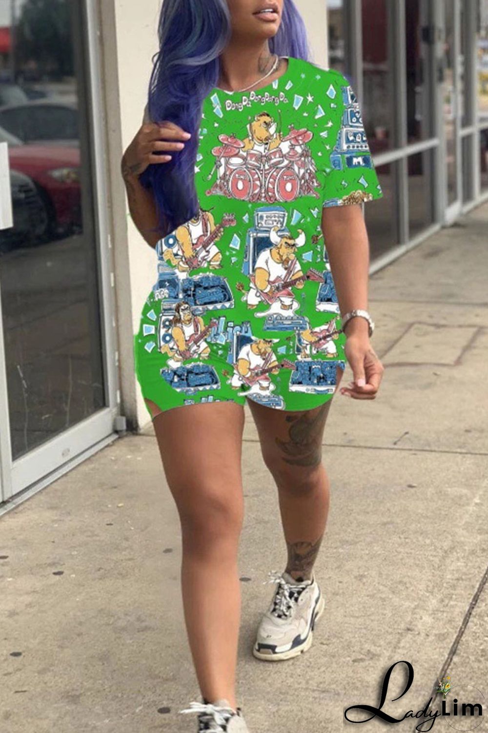 Green Street Print Patchwork O Neck Short Sleeve Two Pieces