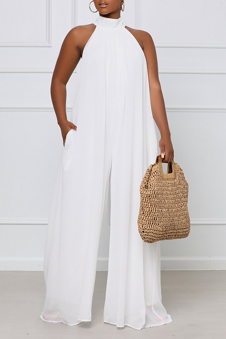 Solid Color Loose Fit Wide Leg Chiffon Sleeveless Jumpsuit-White