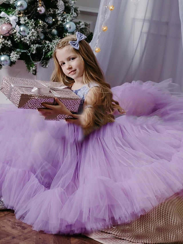 Oknass  A-Line Sleeveless Jewel Neck Flower Girl Dresses Tulle With Lace Splicing