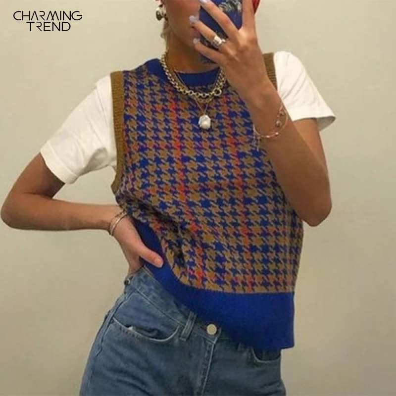 Vintage Argyle Women Sweater Vest 2020 New Splice Color Plaid Sleeveless Round Neck Autumn Winter Female Knitted Vest Blue