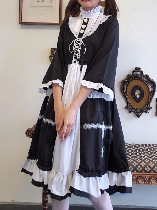 Lolita Long Sleeve Mock Neck Ruffled Pleated Lace-up Bandaged Midi Maid Dress