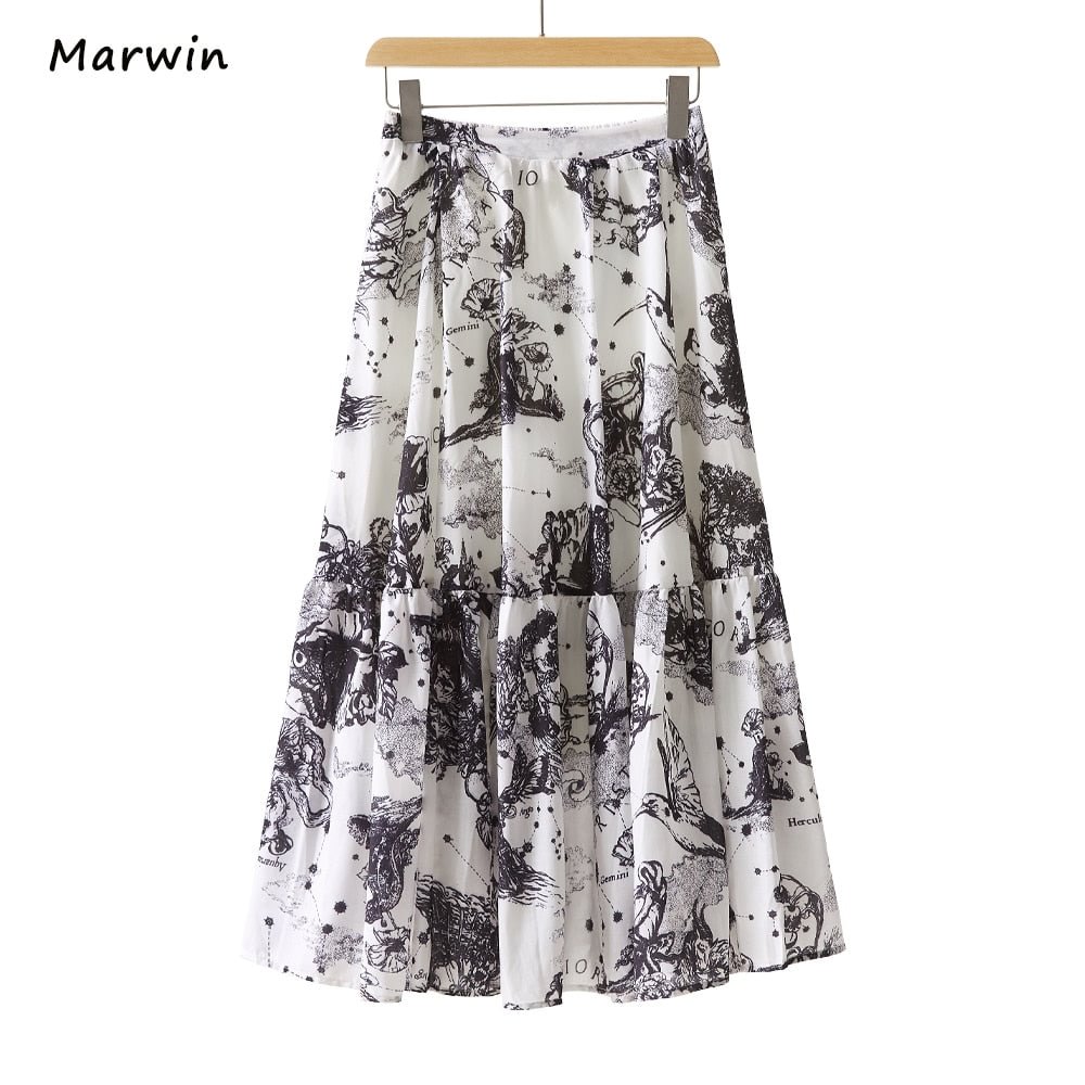 Marwin New-Coming Spring Summer Printing Light Letter Pattern Empire Elastic Women A-Line Party Holiday High Street Style Skirts