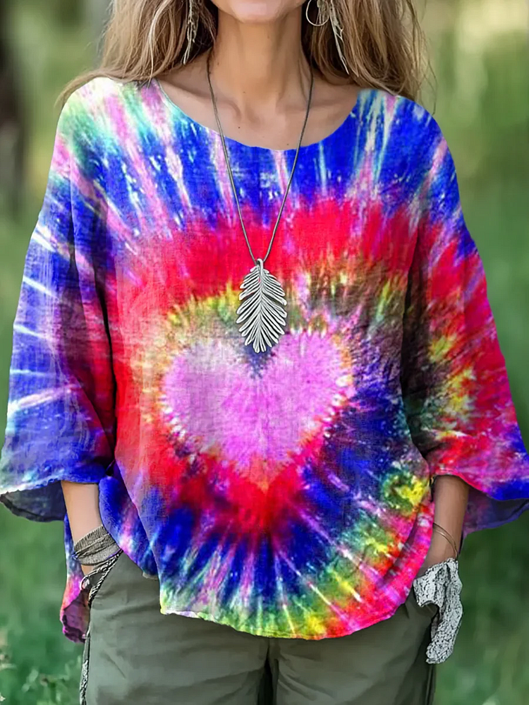 Women's Colorful Tie Dye Love Heart Print Casual Cotton And Linen Shirt