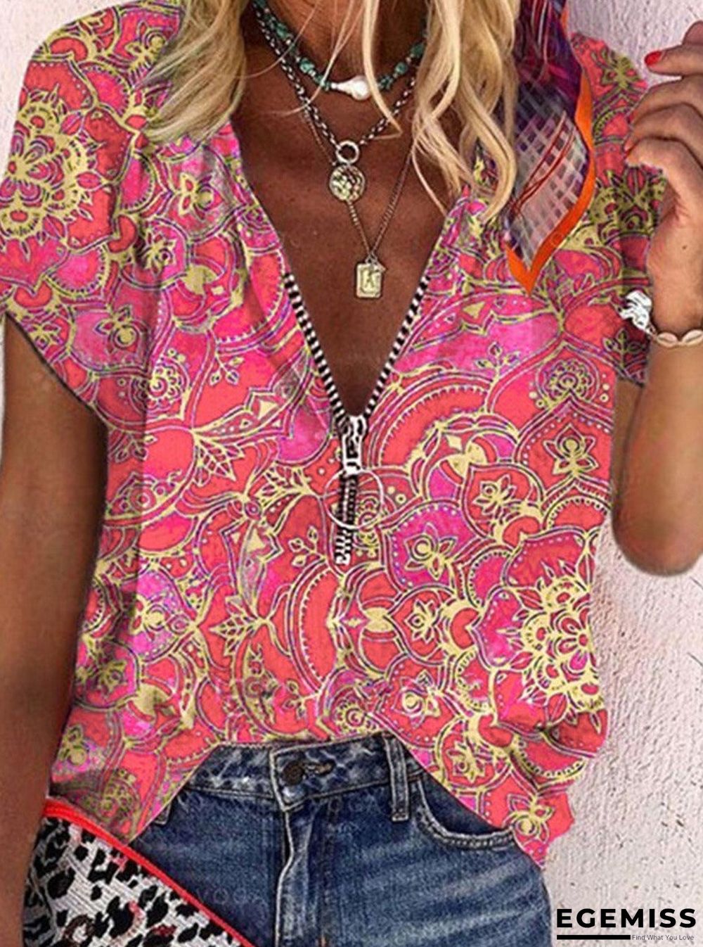 Floral Zipper Short Sleeve Blouse | EGEMISS