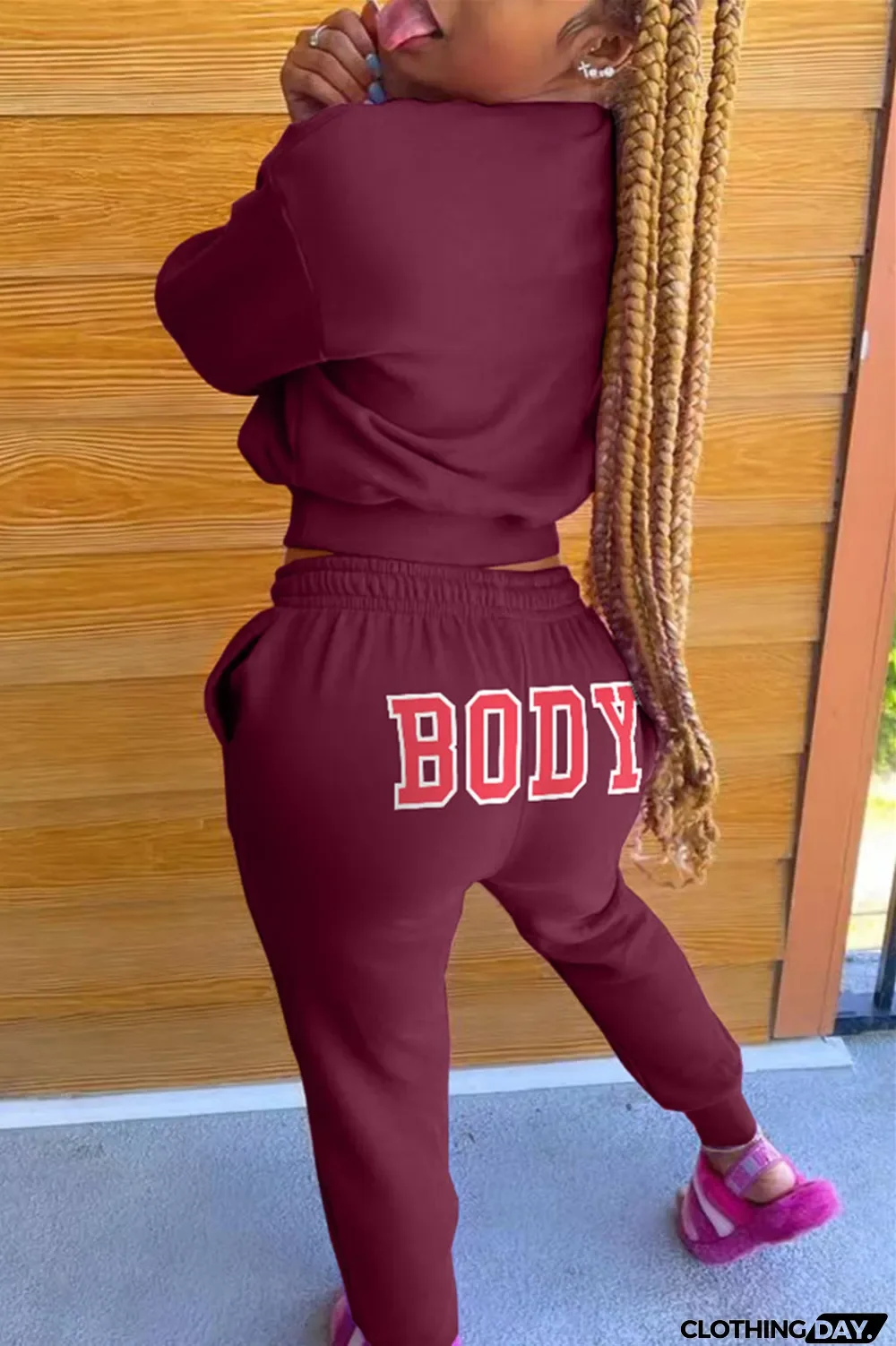 Pink Fashion Casual Letter Print Basic O Neck Long Sleeve Two Pieces