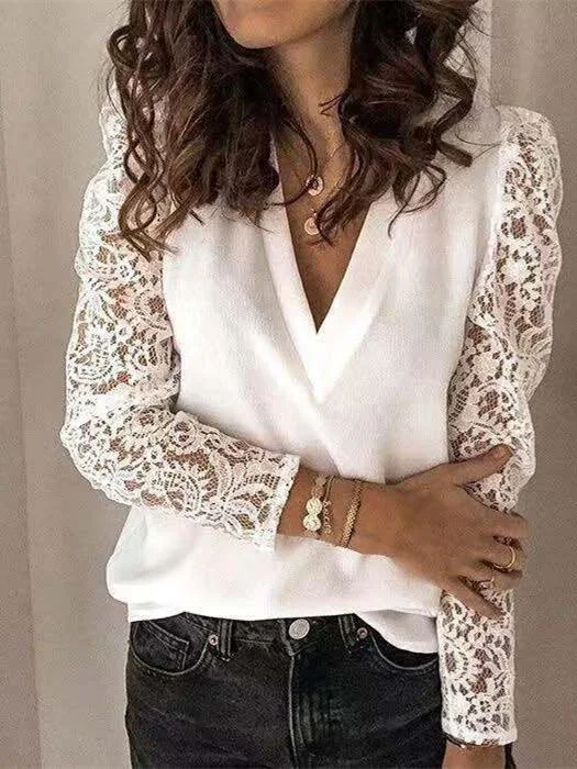 Women Long Sleeve V-neck Solid Color Tops