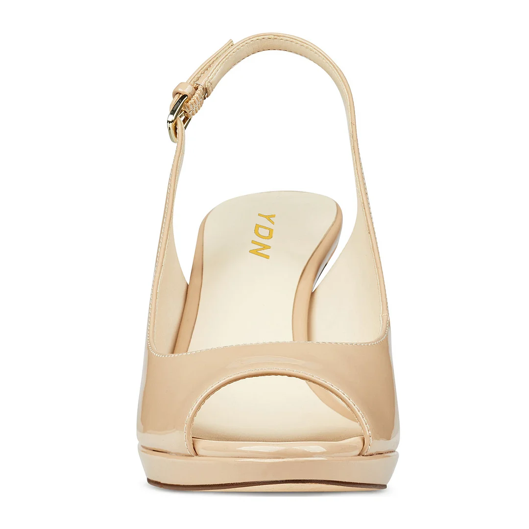 Beige Patent Leather Peep Toe Platform Pumps with Stiletto Heel