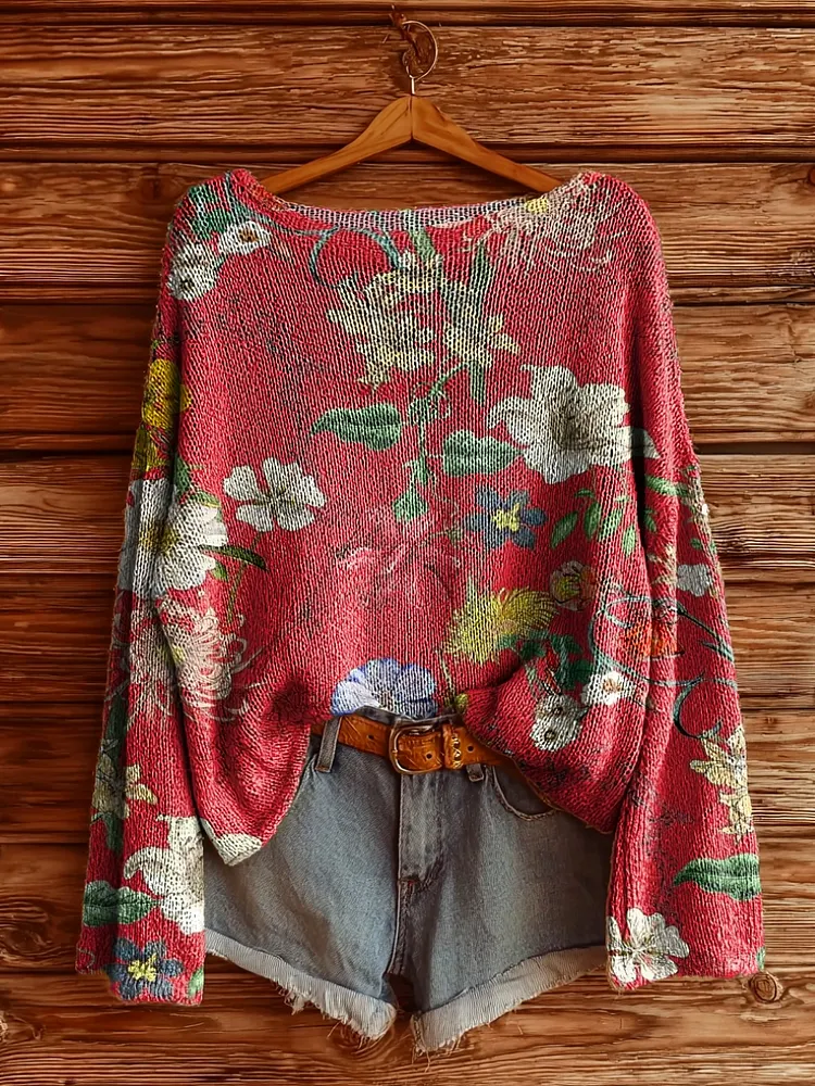 Women's Folk Flowers Art Pattern Print Casual Pullover Sweater