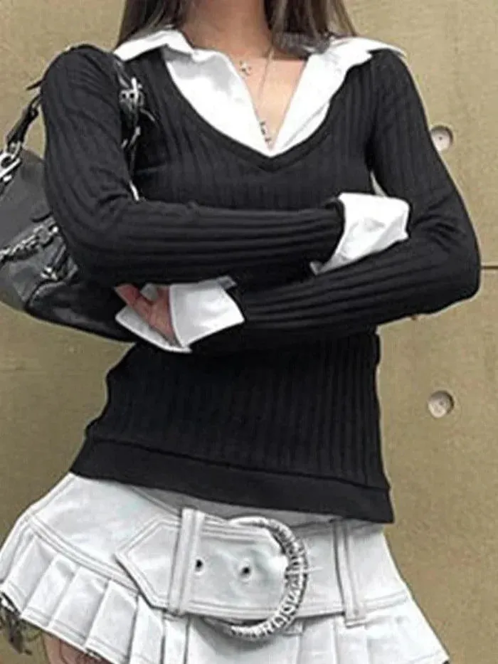 Brownm Turtleneck Mock Two Piece Long Sleeve Knit Top