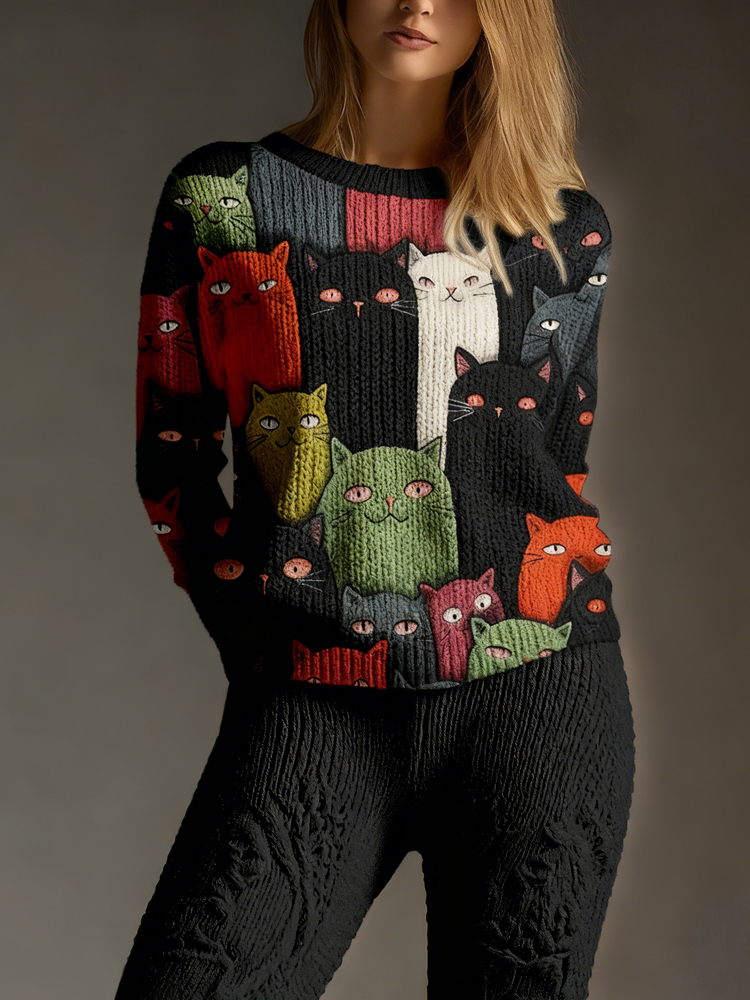 Cute Crowded Cats Art Pattern Cozy Knit Sweater elevenforest
