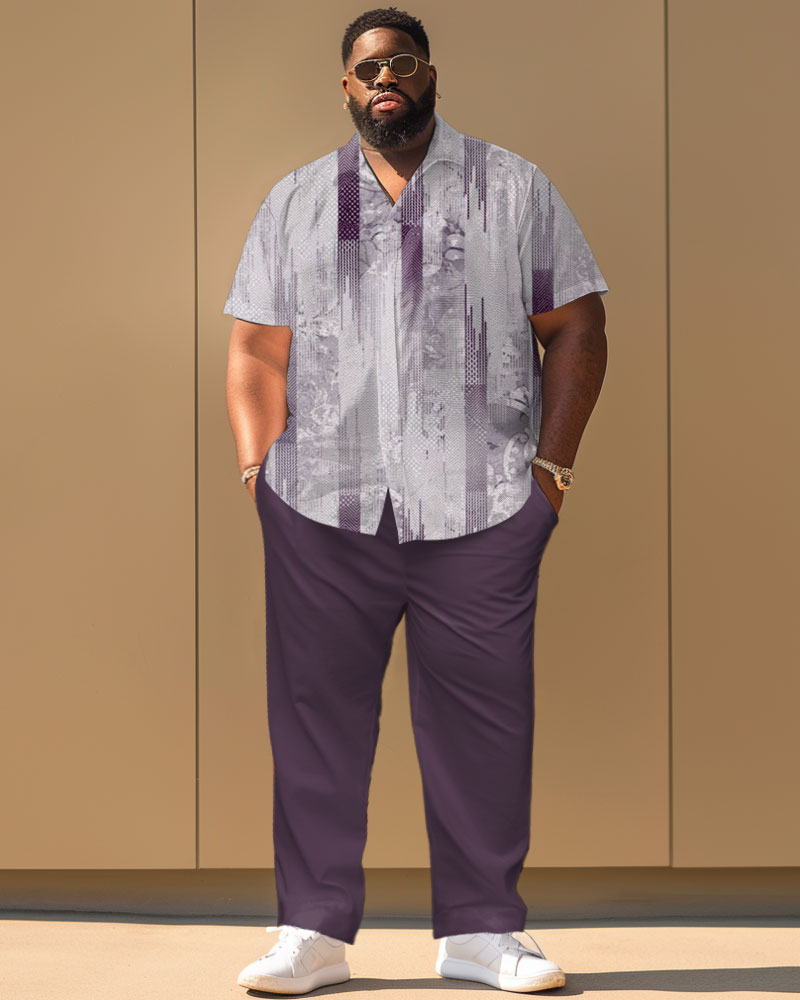 Casual Texture Print Short Sleeve Shirt Trousers Suit Men's Plus Size