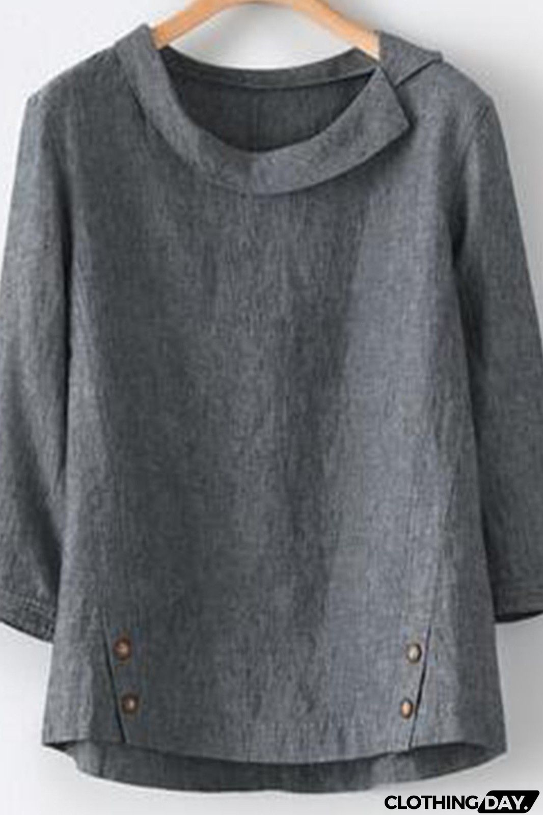 Plain Buttons Round Neck 3/4 Sleeves Blouse