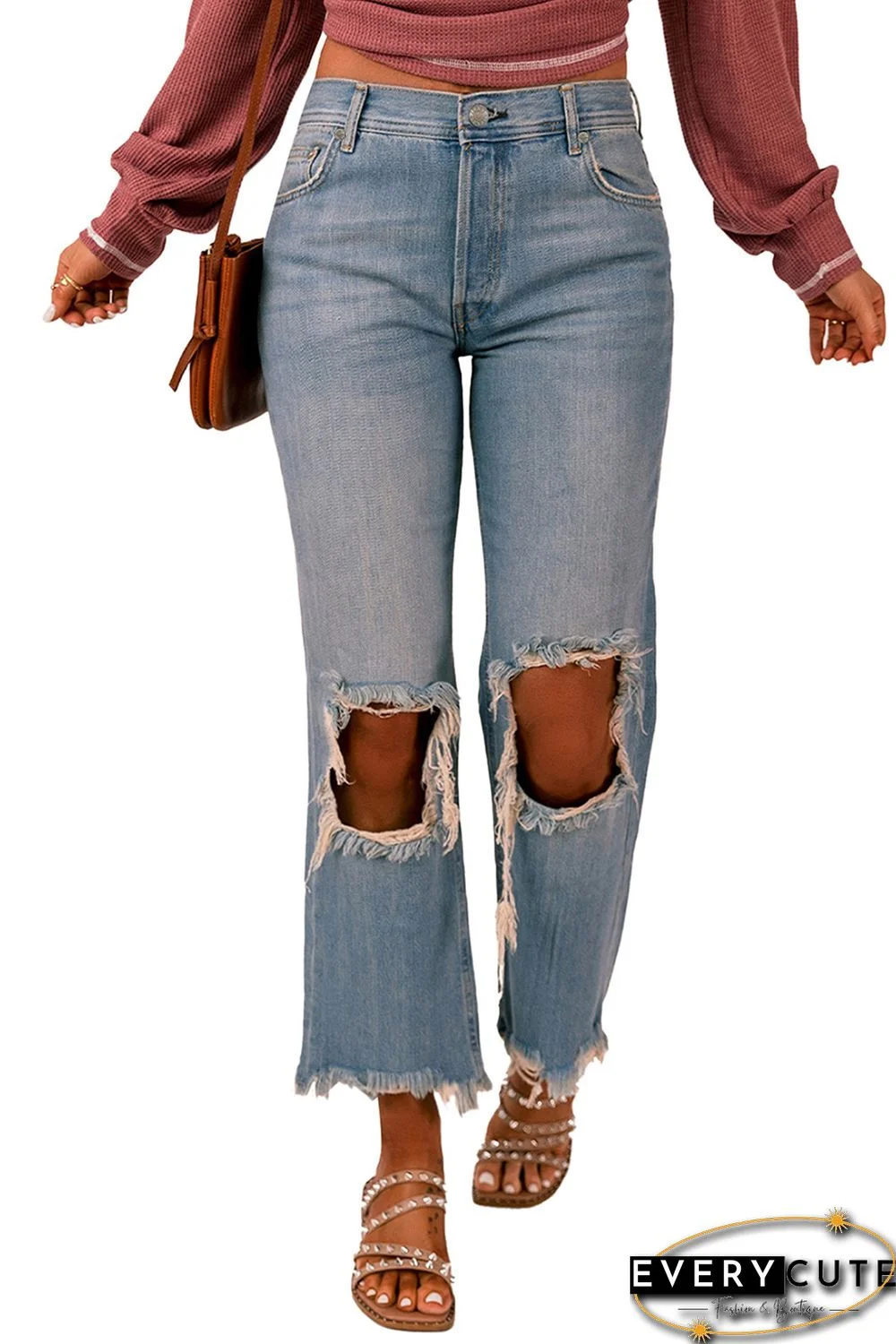 Distressed Knee Holes Straight Leg Jeans