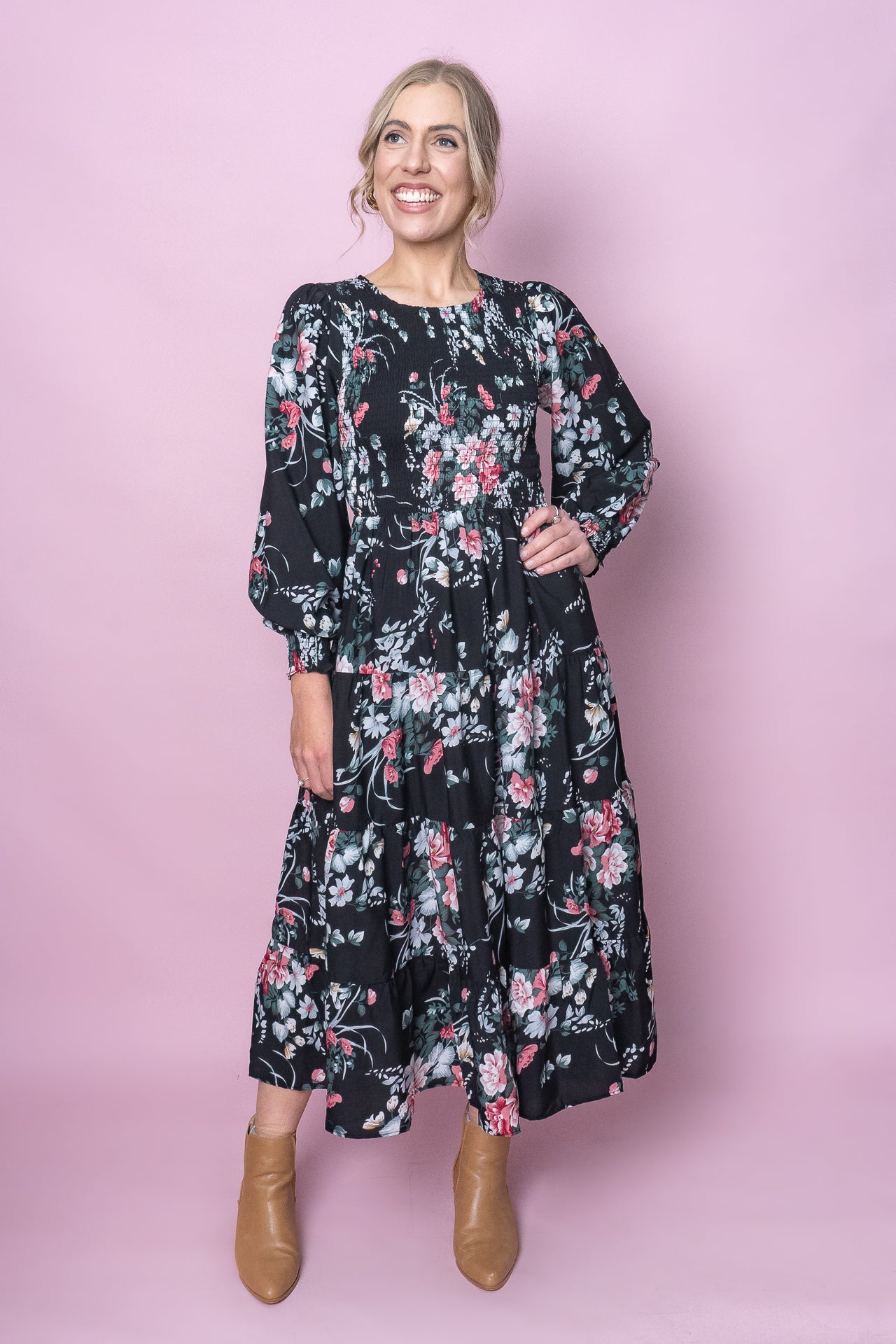 Nella Floral Midi Dress in Black