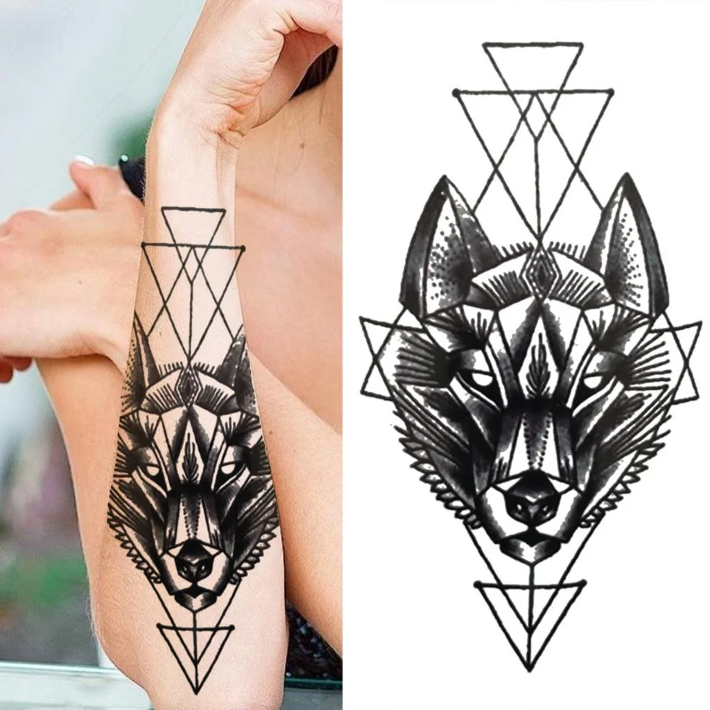 Tribal Tiger Diamond Temporary Tattoos For Women Men Cross Lion Skull Tattoo Sticker Black Wolf Fake Forest Animal Tatoo Forearm