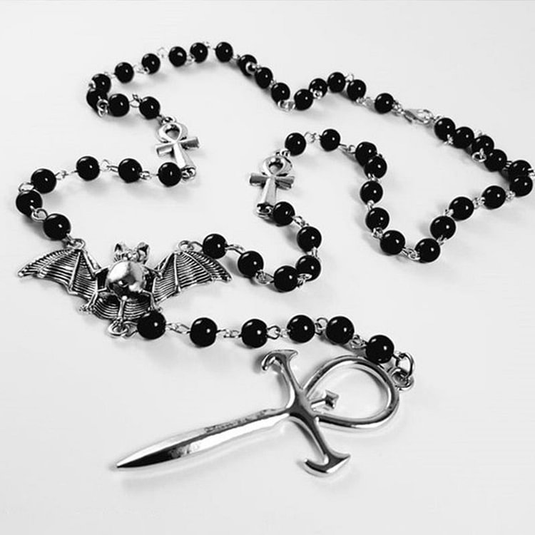 Vampire Ankh Pendant Goth Beads Bat Necklace Rosary Jewelry