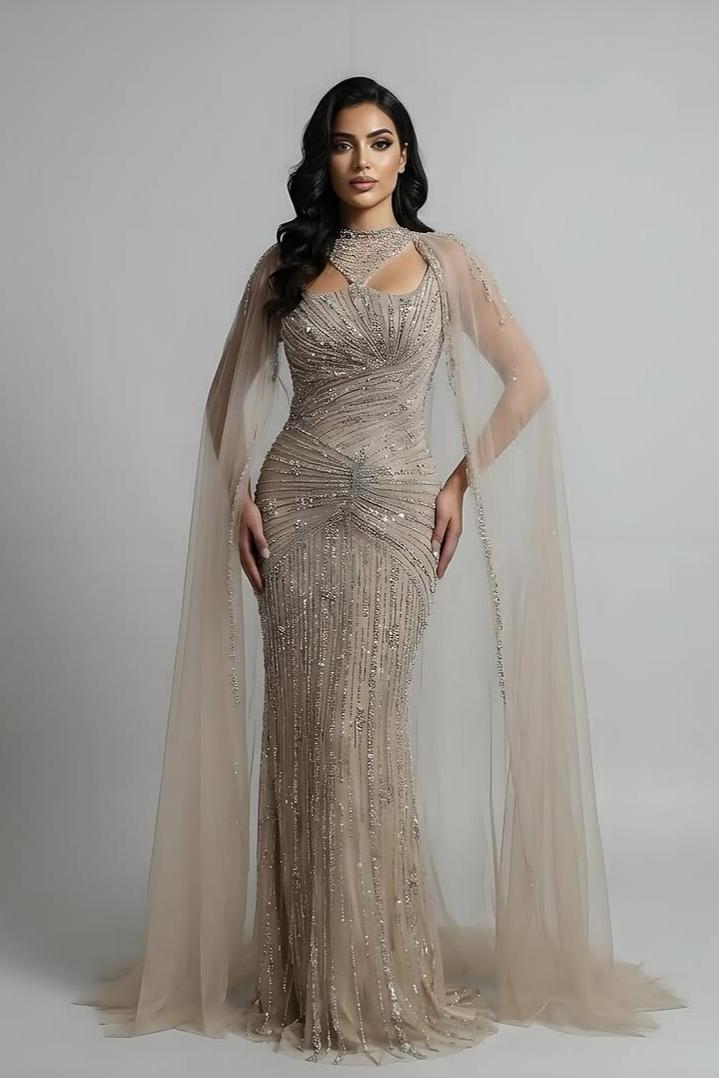 Lussooy Exquisite Halter Sleeveless Beaded Long Prom Dress with Tulle Shawl 