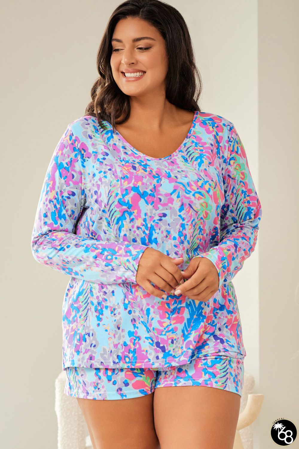 Sky Blue Plus Size Floral Print Long Sleeve and Shorts Lounge Outfit | 168DEAL