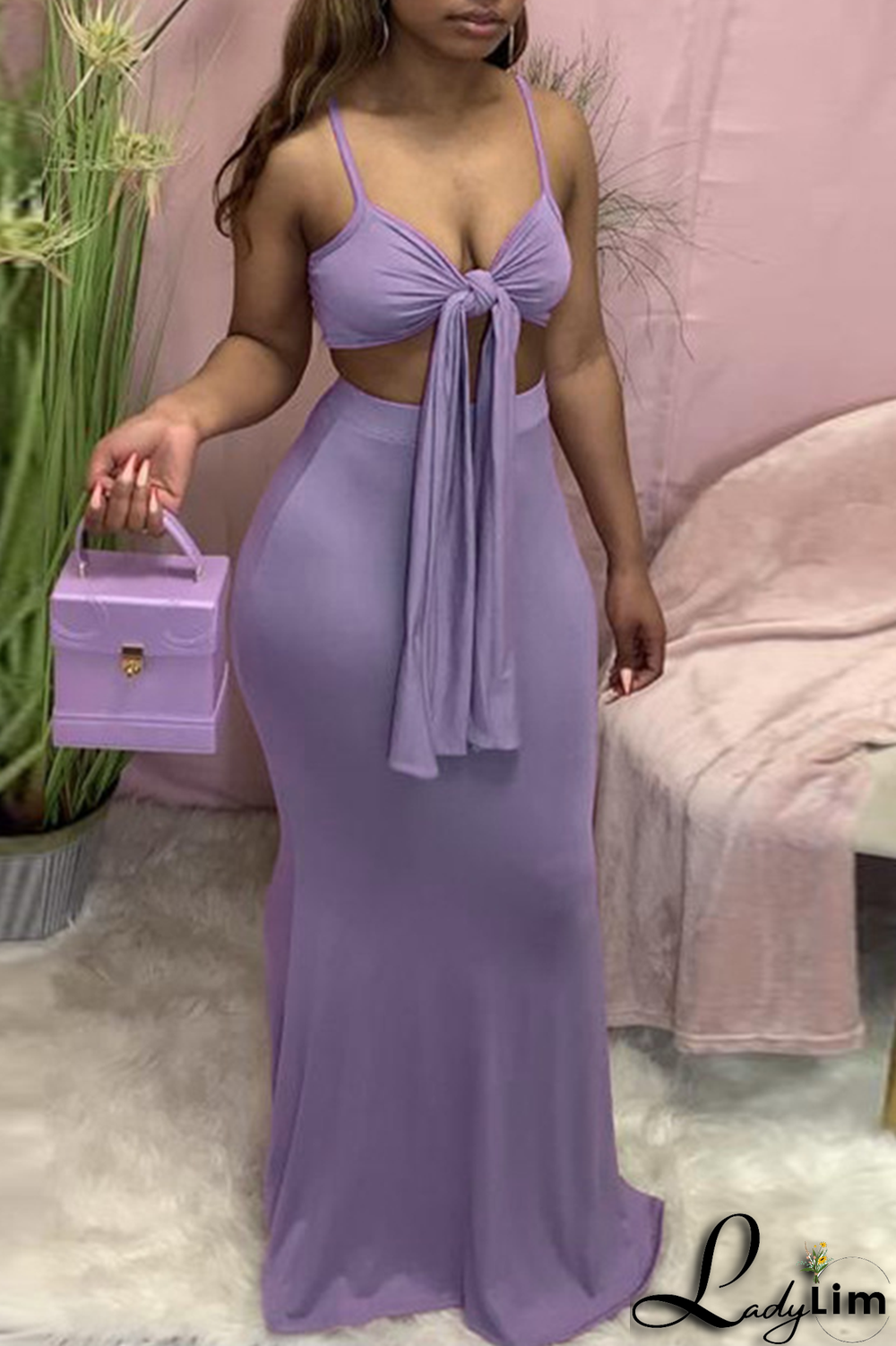 Tangerine Red Sexy Solid Split Joint Spaghetti Strap Sleeveless Two Pieces