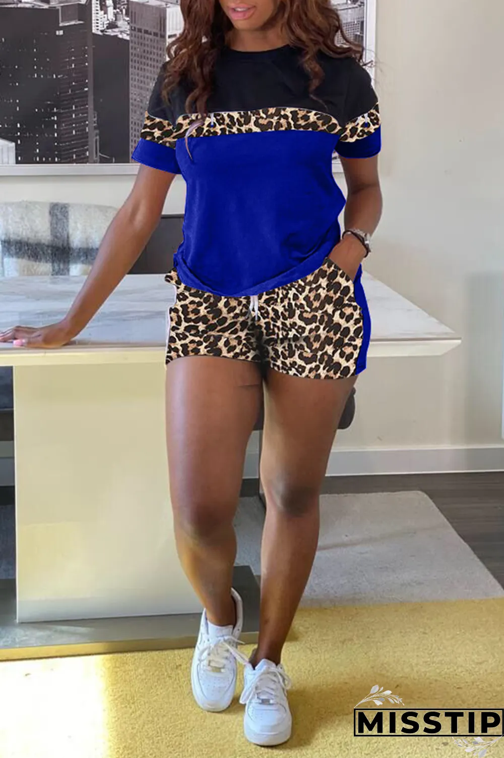 Peacock Blue Casual Leopard Patchwork O Neck Short Sleeve Two Pieces