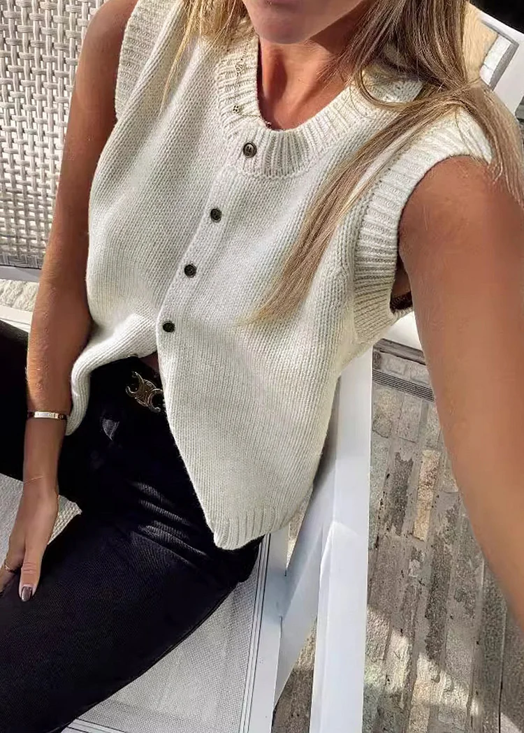 Italian Apricot O Neck Button Knit Vest Cardigans Sleeveless