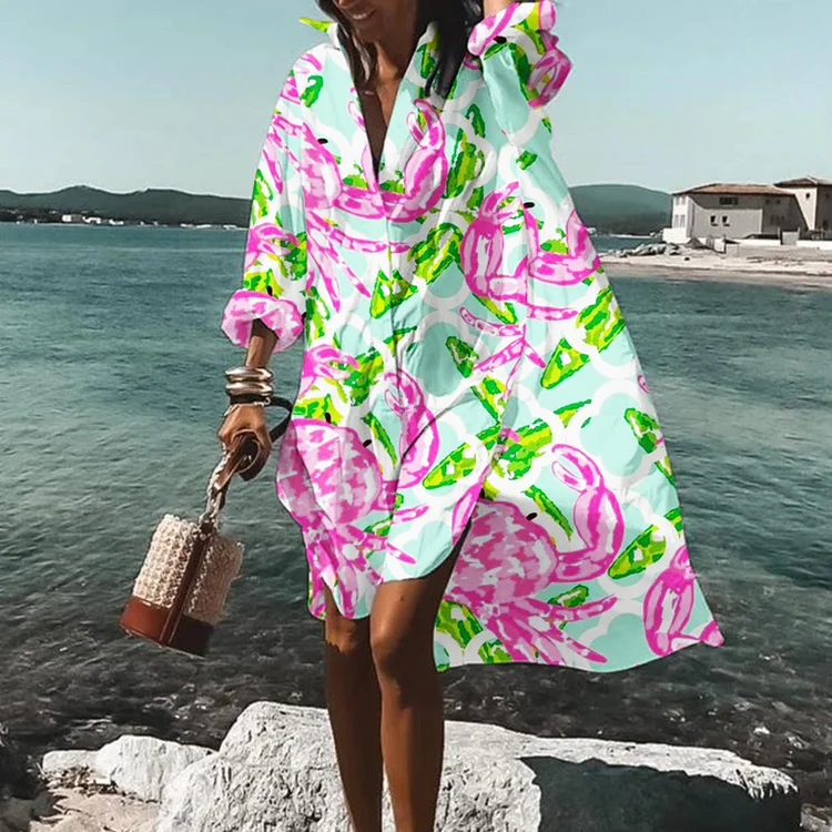 Crab Print Casual Midi Dress