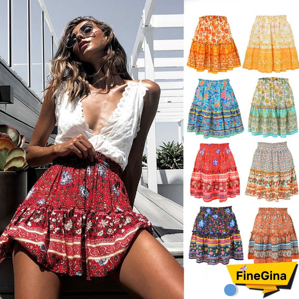 Women Fashion Casual Floral Short Skirts Summer High Waist Pleated Beach Skirt Beho Ruffle Dresses