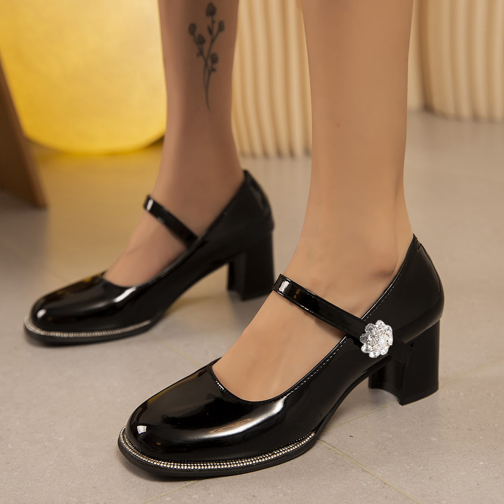 Black Patent Leather Closed Toe Chunky Heel Rhinestone Pumps Nicepairs