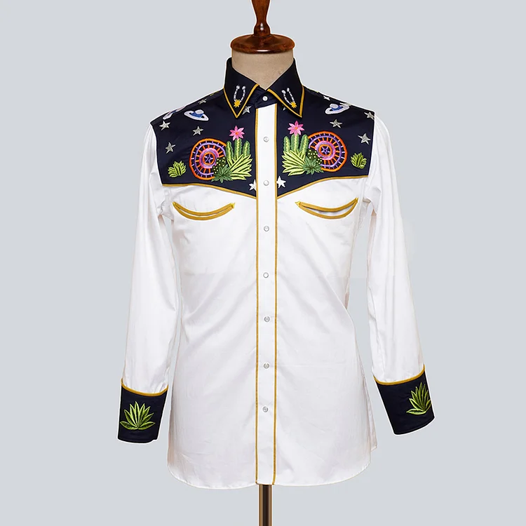 Western Cactus Star Embroidered Colorblock Button Long Sleeve Blouse