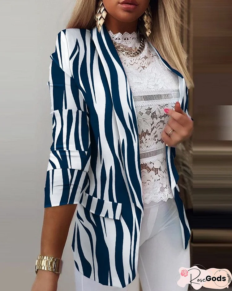 Zebra Stripe Shawl Collar Long Sleeve Flap Detail Blazer