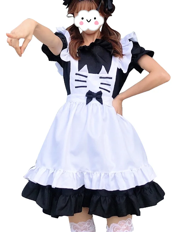 Lolita Cat Tiered Paneled Bubble Sleeve Square Neck Bowknot Mini Maid Dress