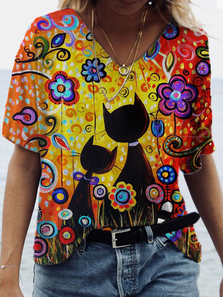 Cats & Floral Art V Neck T Shirt